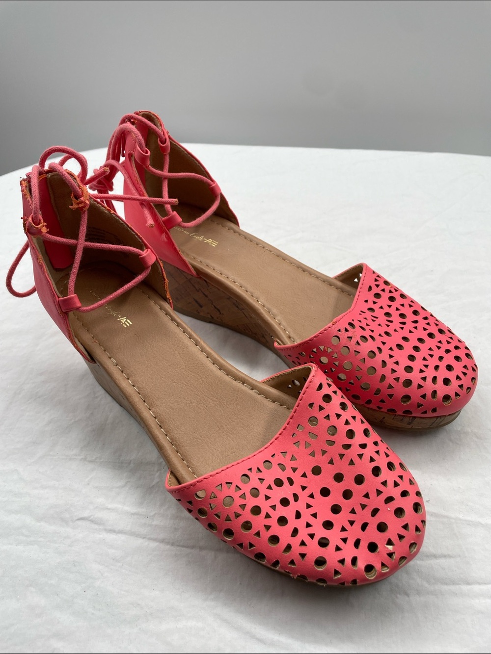 American Eagle Outfitters Laser-Cut Ankle Lace-Up Wedge Sandals. 6.